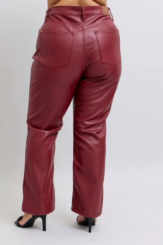 Full Size High Waist Tummy Control Faux Leather Straight Pants Plus Size