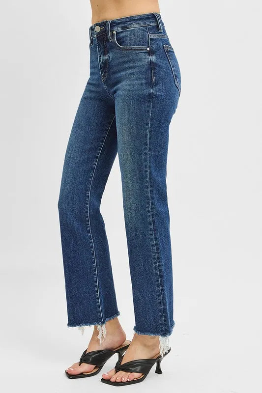Full Size Tummy Control High Rise Crop Straight Raw Cut Hem Jeans Plus Size