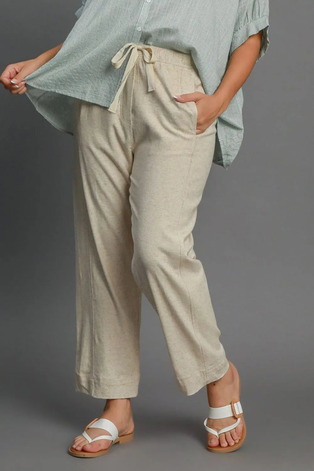 Full Size Drawstring Elastic Waistband Linen Blend Pants Plus Size