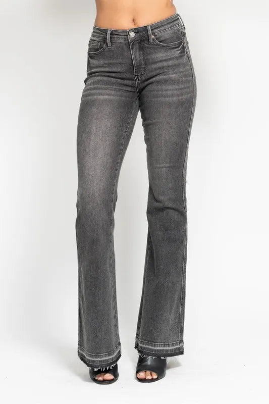 Full Size Mid Rise Tummy Control Washed Gray Release Hem Flare Jeans Plus Size