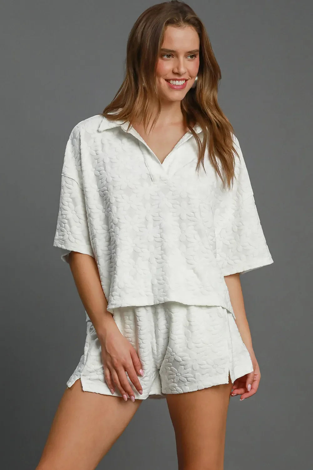 Floral Elastic Waist Jacquard Shorts with Pockets
