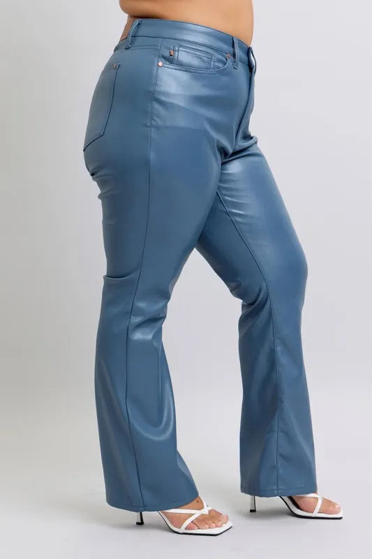 Full Size High Waist Tummy Control Faux Leather Bootcut Pants Plus Size