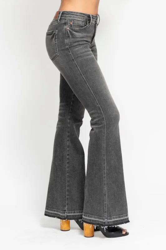 Full Size Mid Rise Tummy Control Washed Gray Release Hem Flare Jeans Plus Size