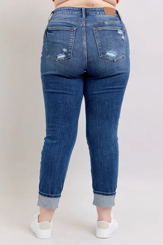 Full Size Mid Rise Boyfriend destroy Jeans with Yoke Pockets and Faux Selvedge Cuff Plus Size