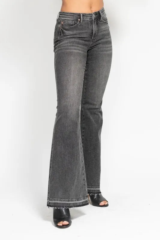 Full Size Mid Rise Tummy Control Washed Gray Release Hem Flare Jeans Plus Size